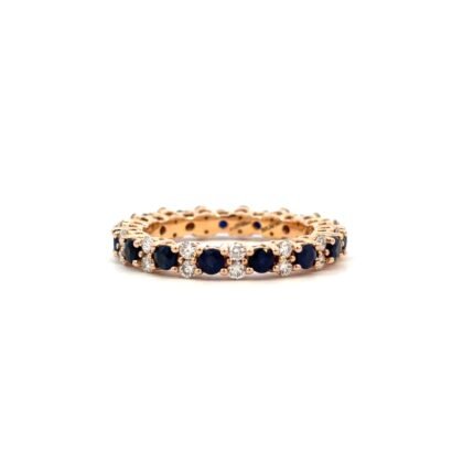 14K Rose Gold Ring with 15 Round Sapphires 1.14 Carat and 13 Round Diamonds TDW 0.56 Carat