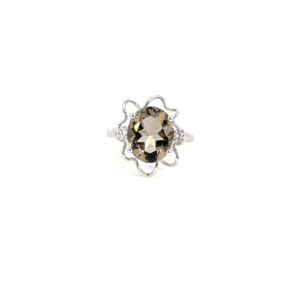 9K White Gold Ring with Oval Smokey Quartz 3.90 Carat and 2 Round Diamonds TDW 0.20 Carat