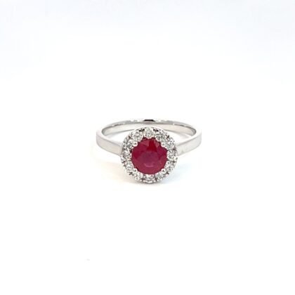 14K White Gold Ring with Round Ruby 1.14 Carat and 12 Lab Grown Round Diamonds 0.43 Carat