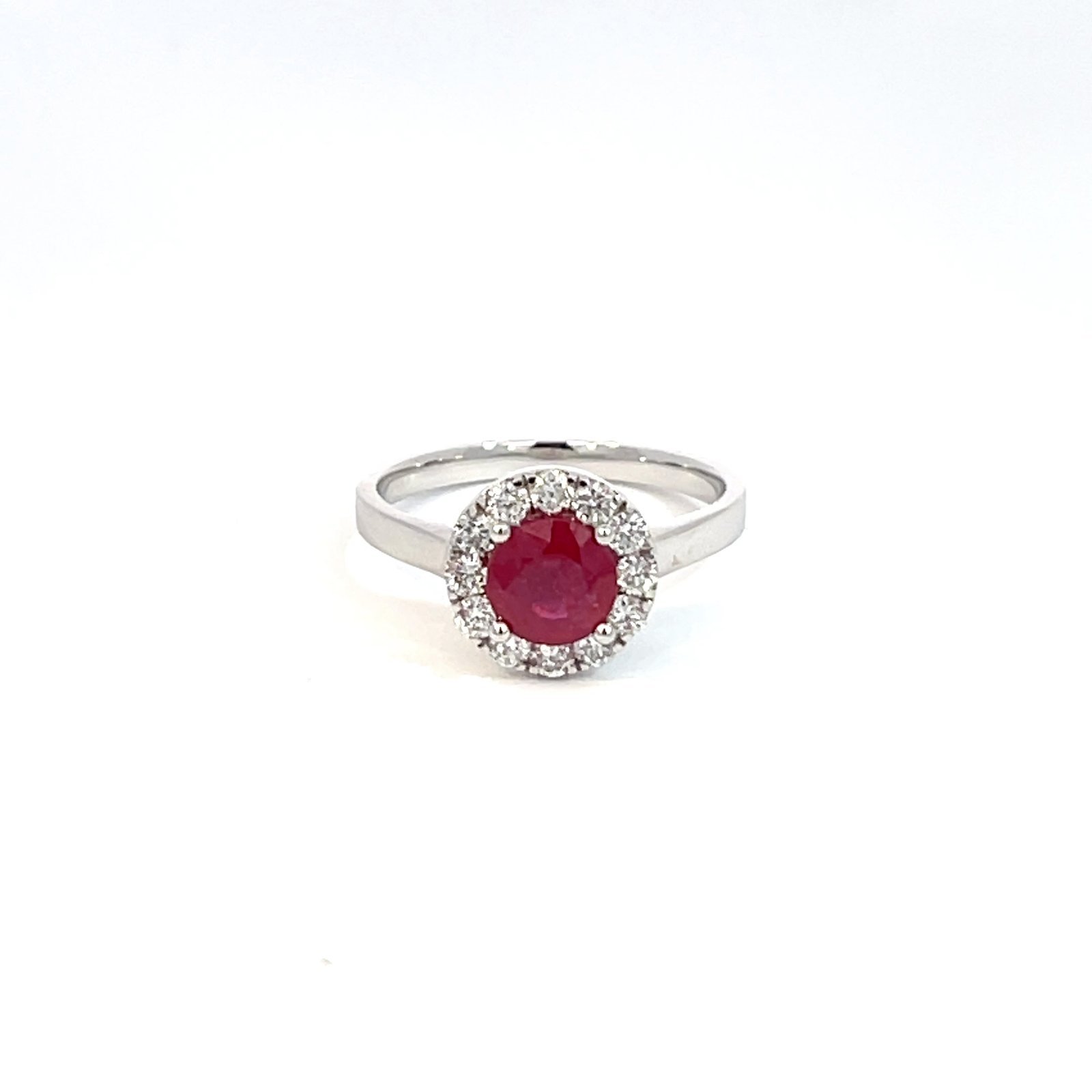 14K White Gold Ring with Round Ruby 1.14 Carat and 12 Lab Grown Round Diamonds 0.43 Carat