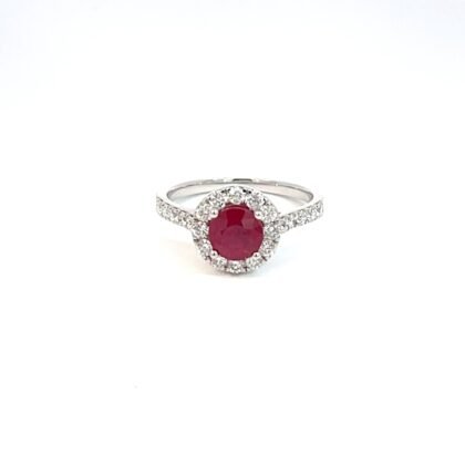 14K White Gold Ring with Round Ruby 1.48 Carat and 22 Round Lab Grown Diamonds TDW 0.71 Carat