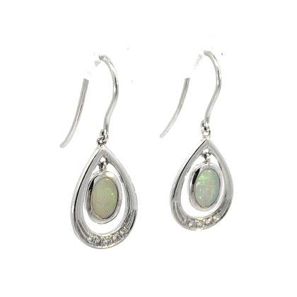 9K White Gold Earrings with Solid Opals and Diamonds