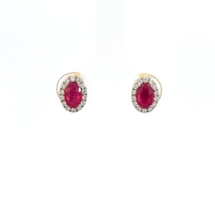 14K Yellow Gold Stud Earrings with 2 Oval Rubies TCW 1.12 Carat and 28 Round Lab Grown Diamonds TDW 0.24 Carat