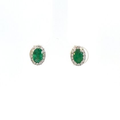 14K White Gold Earrings with 2 Oval Emeralds TCW 0.91 Carat and 28 Round Lab Grown Diamonds TDW 0.24 Carat