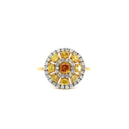 18K Yellow Gold Ring with Chocolate Diamond 0.30ct, 8 Yellow Diamonds TDW 1.02ct and 40 Round Diamonds TDW 0.40ct