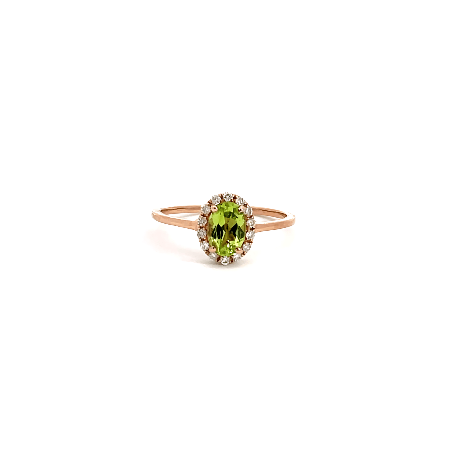 9K Rose Gold Ring with Oval Peridot 0.77 Carat and 14 Round Diamonds TDW 0.18 Carat
