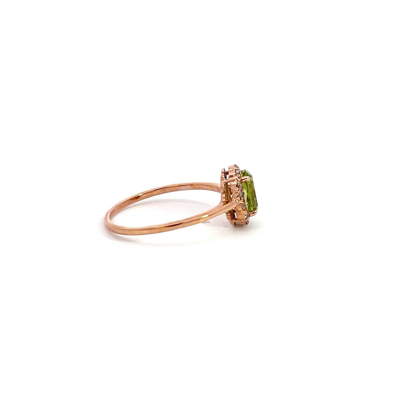 9K Rose Gold Ring with Oval Peridot 0.77 Carat and 14 Round Diamonds TDW 0.18 Carat - Image 3