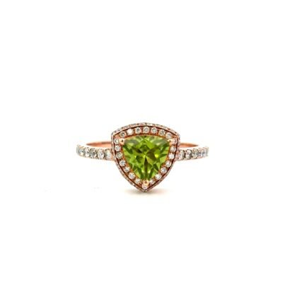 9K Rose Gold Ring Peridot 0.57 Carat and Diamonds 0.39 Carat