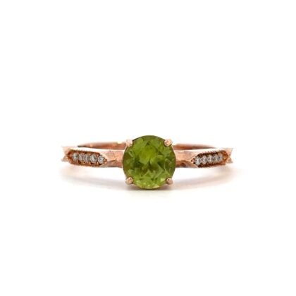 9K Rose Gold Ring with Round Peridot 0.88 Carat and Diamonds TDW 0.15 Carat