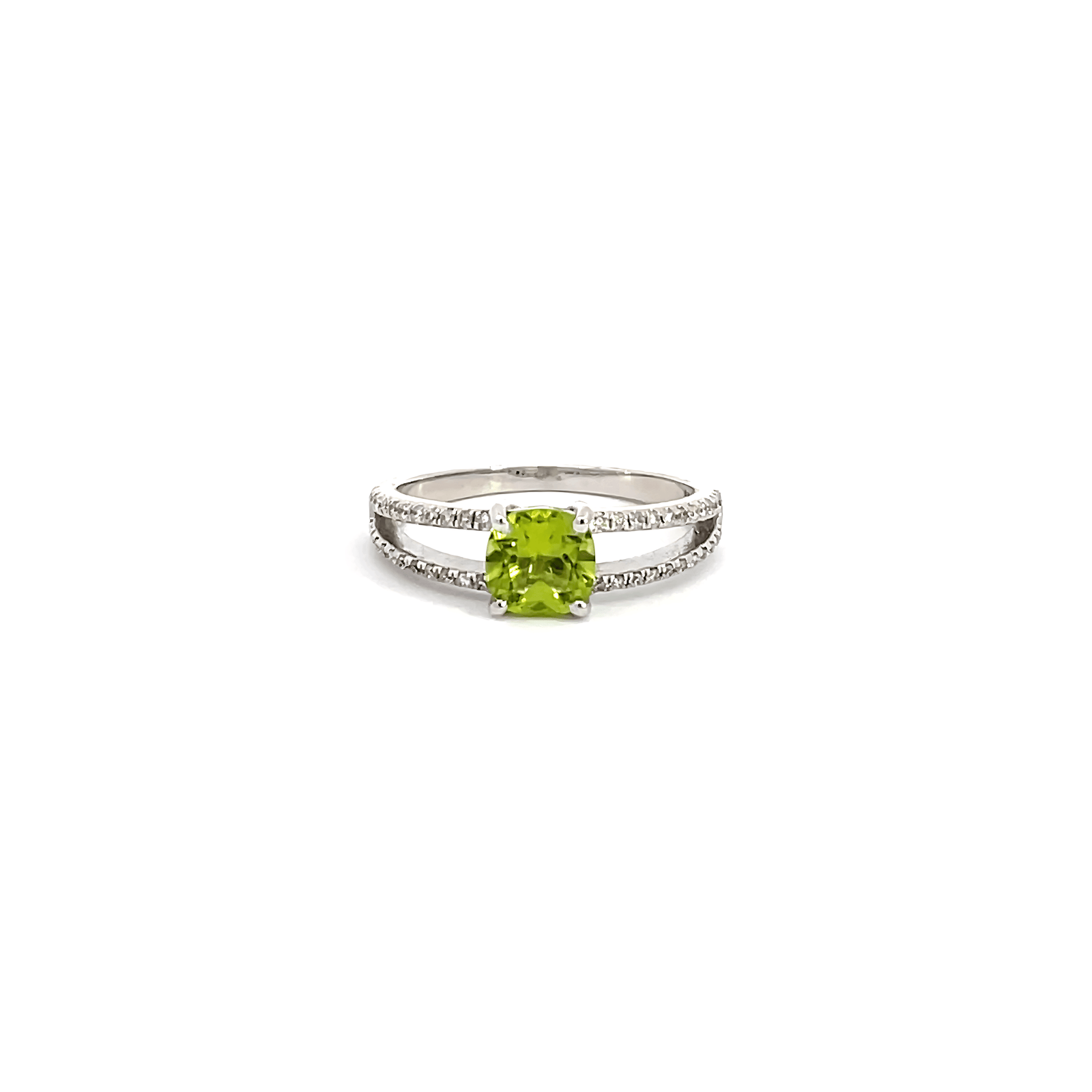 9K White Gold Ring with Peridot 0.94 Carat and 60 Round Diamonds TDW 0.18 Carat