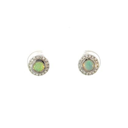 9K White Gold Stud Earrings with 2 Solid Opals TCW 0.316 Carat and 36 Round Diamonds TDW 0.126 Carat