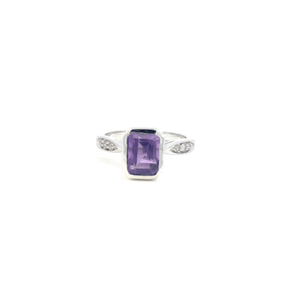 9K White Gold Diamond Ring with Amethyst 2.26 Carat and 6 Round Diamonds TDW 0.11 Carat