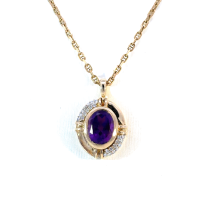 9K Yellow Gold Pendant with Amethyst and Diamonds