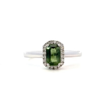 18K White Gold Ring with Green Sapphire 0.86 Carat and 20 Round Diamonds 0.11 Carat