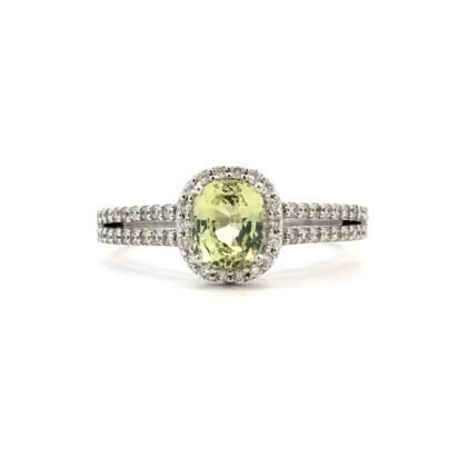 18K White Gold Ring with Green Sapphire 1.06 Carat and 62 Lab Grown Diamonds 0.33 Carat