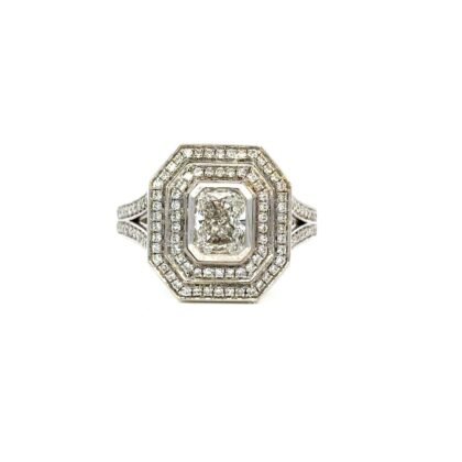 18K White Gold Ring with Emerald Cut Diamond 1 Carat, 120 Round Diamonds TDW 0.47 Carat