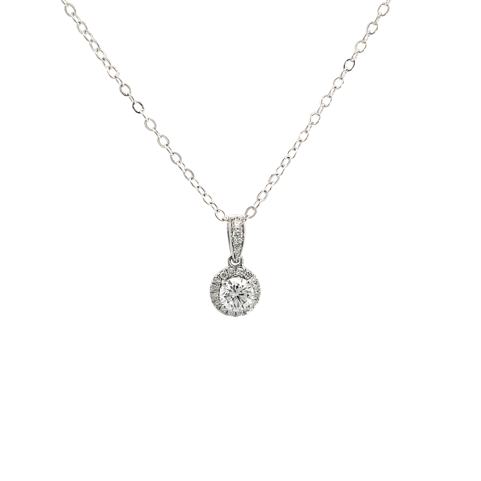 9K White Gold Halo Pendant with 21 Round Lab Grown Diamonds TDW 0.62 Carat
