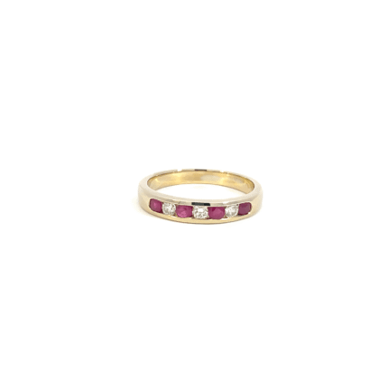 9K Yellow Gold Ring with 4 Round RubiesTCW 0.36 Carat and 3 Round Diamonds TDW 0.16 Carat