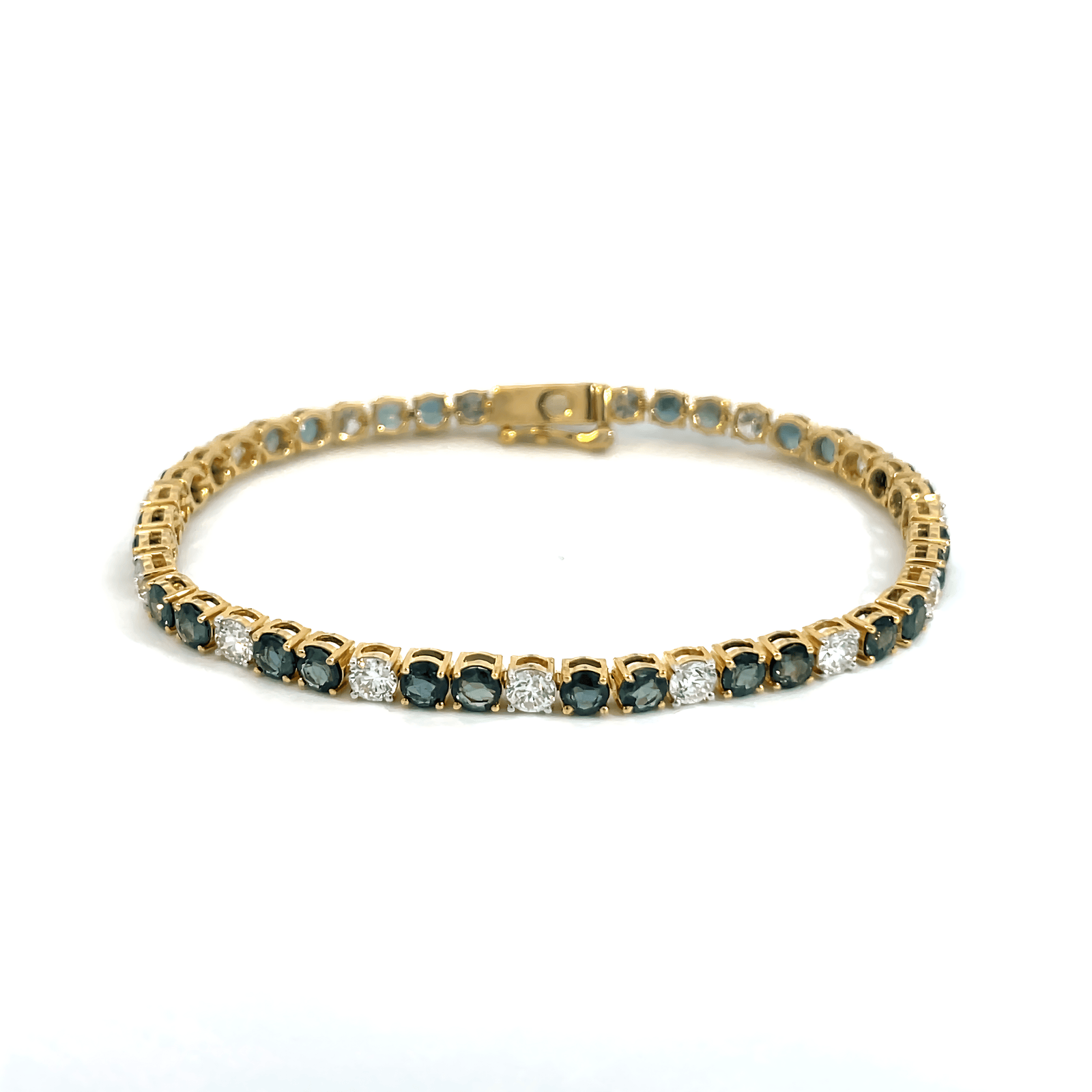 9K Yellow Gold Tennis Bracelet with 30 Round Sapphires TCW 6.06 Carat and 15 Round Lab Grown Diamonds TDW 2.33 Carat