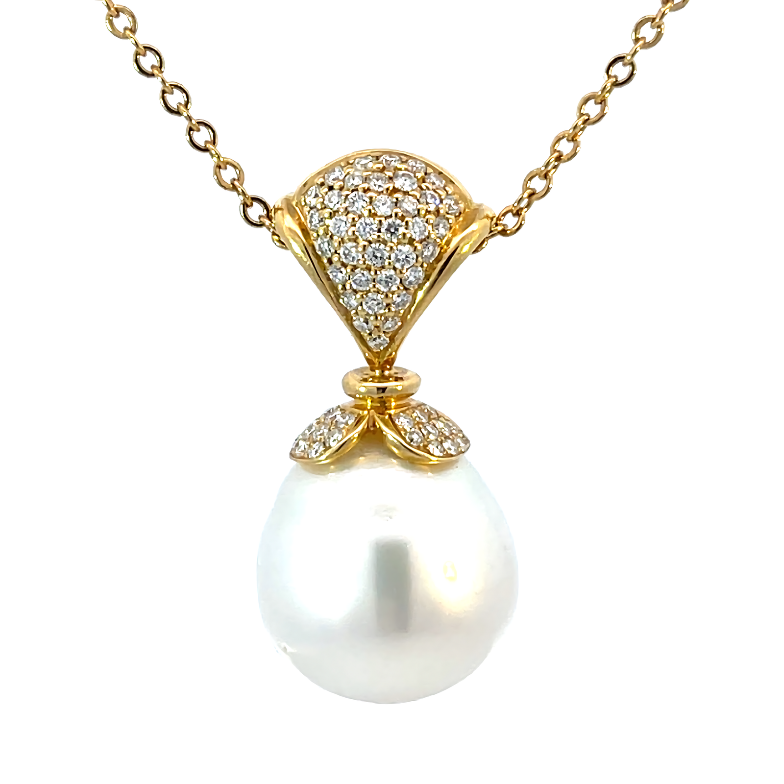 18K Yellow Gold Pendant with Cultured South Sea Pearl 15.2mm and 58 Round Diamonds TDW 0.56 Carat