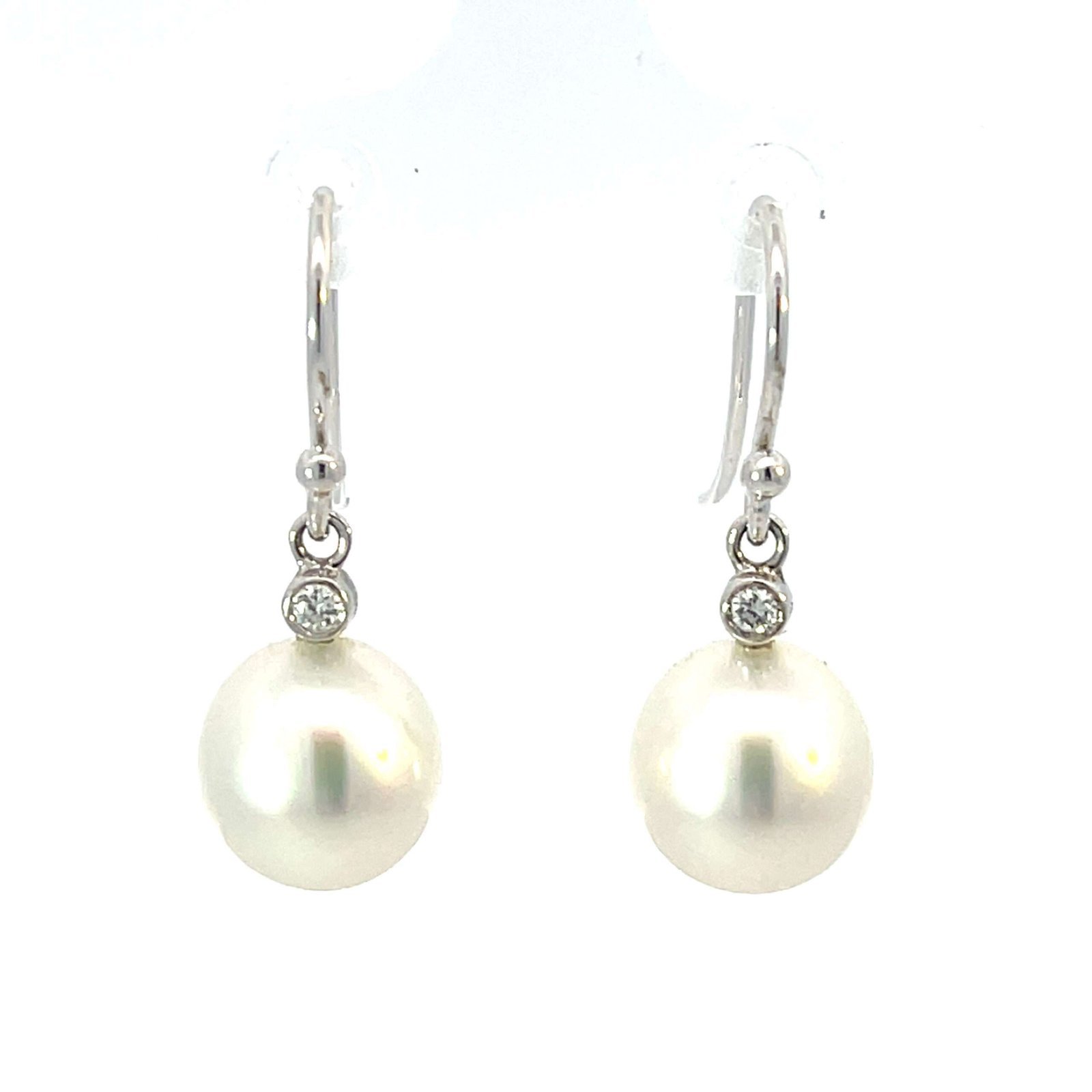 18K White Gold Hook Earrings with Cultured South Sea Pearls 9-10mm and 2 Round Diamonds TDW 0.06 Carat - Image 2