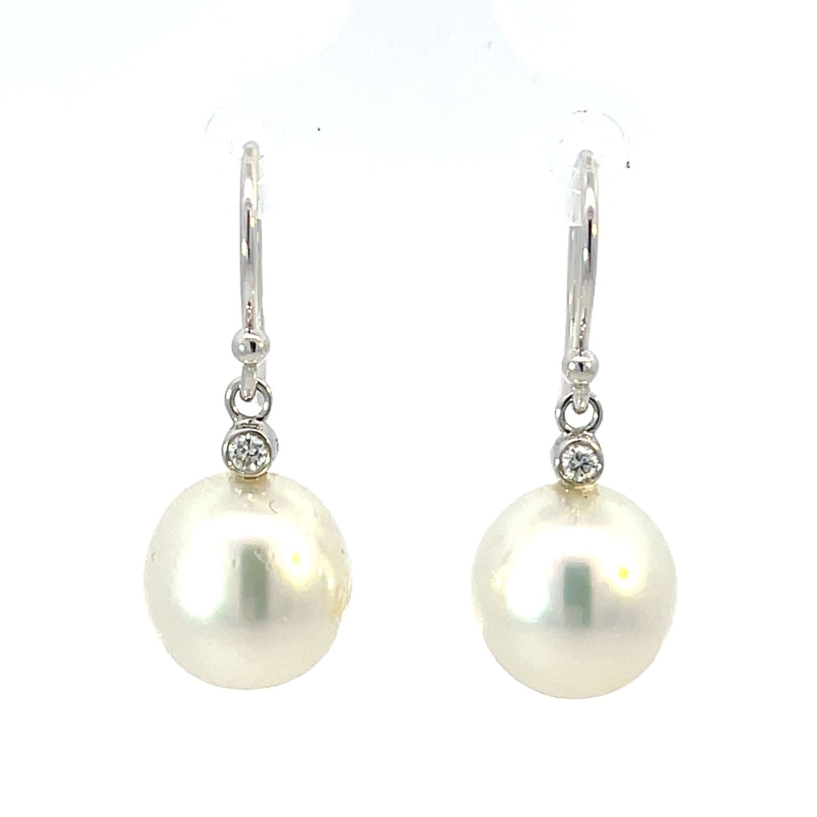 18K White Gold Hook Earrings with Cultured South Sea Pearls 10-11mm and 2 Round Diamonds TDW 0.06 Carat - Image 2