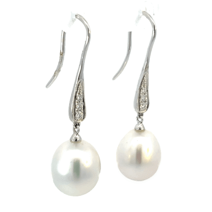 18K White Gold Hook Earrings with Cultured South Sea Pearls 9-10mm and 6 Round Diamonds 0.09 Carat