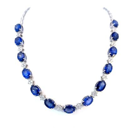 14K White Gold Necklace with Blue Sapphires 11.27 Carat and 48 Diamonds TDW 0.72 Carat