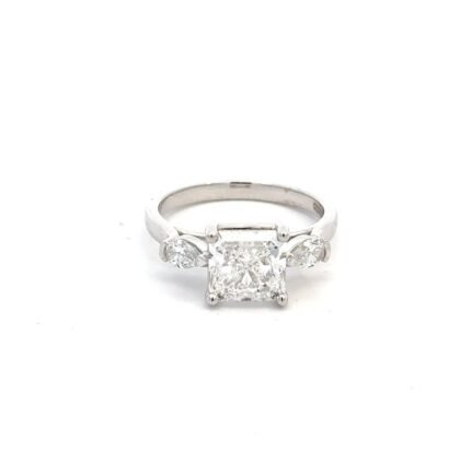 Platinum Ring with Lab Grown Cushion cut Diamond 2.54ct and 2 Pear cut Diamonds TDW 0.35 Carat
