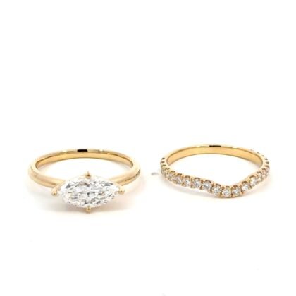 18K Yellow Gold Pair Rings with Lab Grown Marquise cut Diamond 1.20ct and 22 Round Diamonds TDW 0.47ct