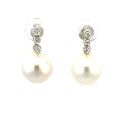 18K White Gold Drop Earrings with South Sea Pearls 10mm-11mm and 6 Round Diamonds 0.09 Carat