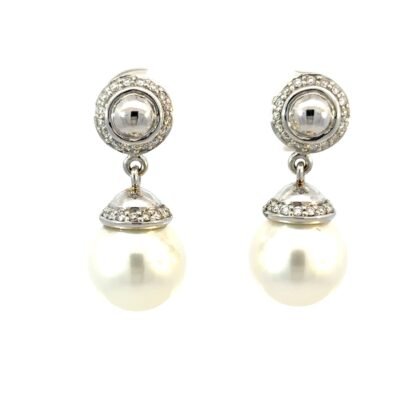 18K White Gold Drop Earrings with South Sea Pearls 9mm-10mm and 62 Round Diamonds TDW 0.29 Carat