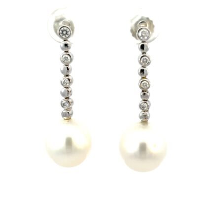 18K White Gold Stud Earrings with South Sea Pearls 10mm-11mm and 8 Round Diamonds TDW 0.17 Carat