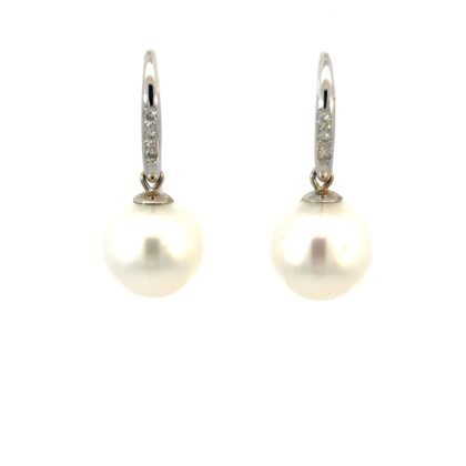 18K White Gold Drop Earrings with South Sea Pearls 10mm-11mm and 6 Round Diamonds TDW 0.06 Carat