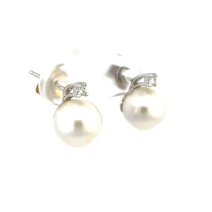 18K White Gold Stud Earrings with South Sea Pearls 8mm-9mm and 2 Round Diamonds TDW 0.08 Carat
