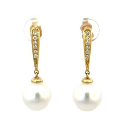 18K Yellow Gold Drop Earrings with South Sea Pearls 10mm-11mm and 12 Round Diamonds TDW 0.12 Carat
