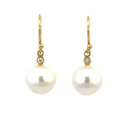 18K Yellow Gold Drop Earrings with South Sea Pearls 10mm-11mm and 2 Round Diamonds TDW 0.06 Carat