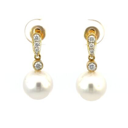 18K Yellow Gold Drop Earrings with South Sea Pearls 9mm-10mm and 8 Round Diamonds TDW 0.25 Carat
