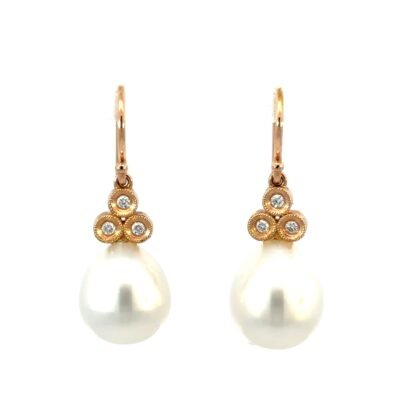 18K Rose Gold Drop Earrings with South Sea Pearls 10mm-11mm and 6 Round Diamonds TDW 0.09 Carat
