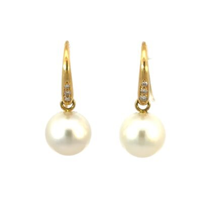 18K Yellow Gold Hook Earrings with South Sea Pearls 10mm-11mm and 6 Round Diamonds TDW 0.10 Carat