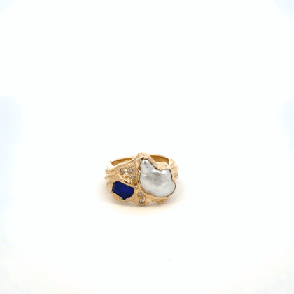 9K Yellow Gold Rosalind Ring with Broome Keshi Pearl, Australian Black Opal and Australian Diamonds
