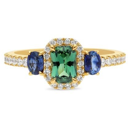 18K Yellow Gold Ring with 3 Multi-coloured Sapphires TDW 1.43ct and 32 White Round Diamonds TDW 0.34ct