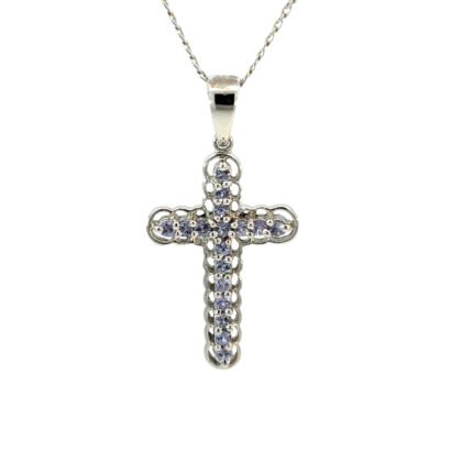 9K White Gold Cross with 17 Round Tanzanites TCW 0.33 Carat
