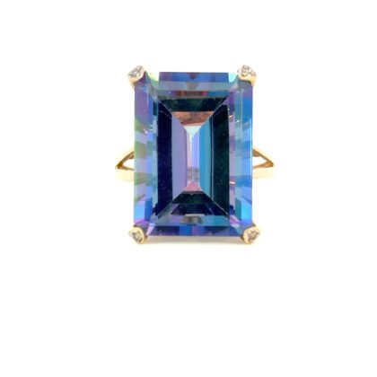 14K Yellow Gold Ring Emerald Cut Mystic Topaz 18.40 Carat, 4 Trillion Cut White Diamonds TDW 0.03 Carat