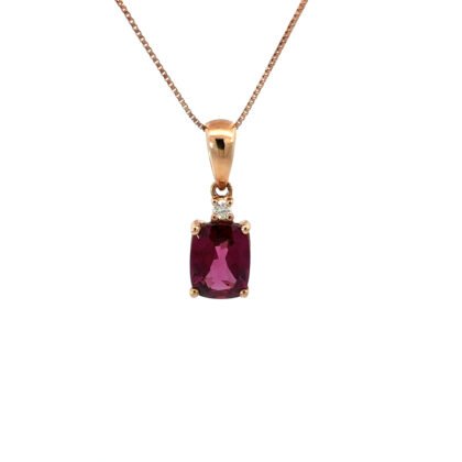 10K Rose Gold Pendant Elongated Cushion Cut Rhodolite 1.58 Carat, Round White Diamonds TDW 0.03 Carat