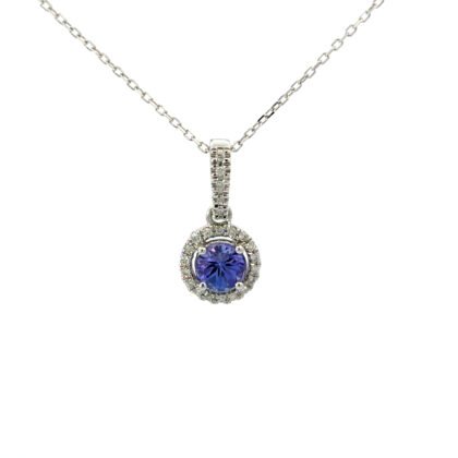 10K White Gold Pendant with Round Tanzanite 0.65 Carat and 23 Round White Diamonds TDW 0.09 Carat