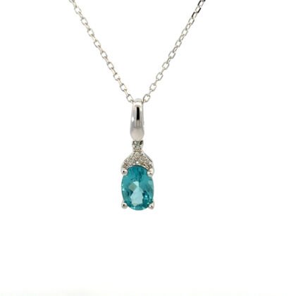 10K White Gold Pendant Oval Apatite 0.80 Carat, 6 Round White Diamonds TDW 0.02 Carat
