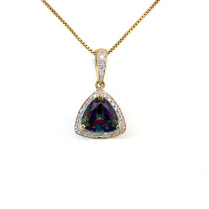 14K Yellow Gold Pendant Trillion Cut Mystic Topaz 1.95 Carat, 28 Round White Diamonds TDW 0.15 Carat