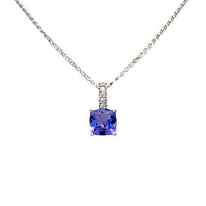 10K White Gold Pendant with Cushion cut Tanzanite 1.05 Carat and 5 Round White Diamonds TDW 0.04 Carat