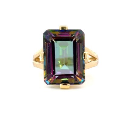 14K Yellow Gold Ring with Emerald cut Mystic Topaz 15.46 Carat